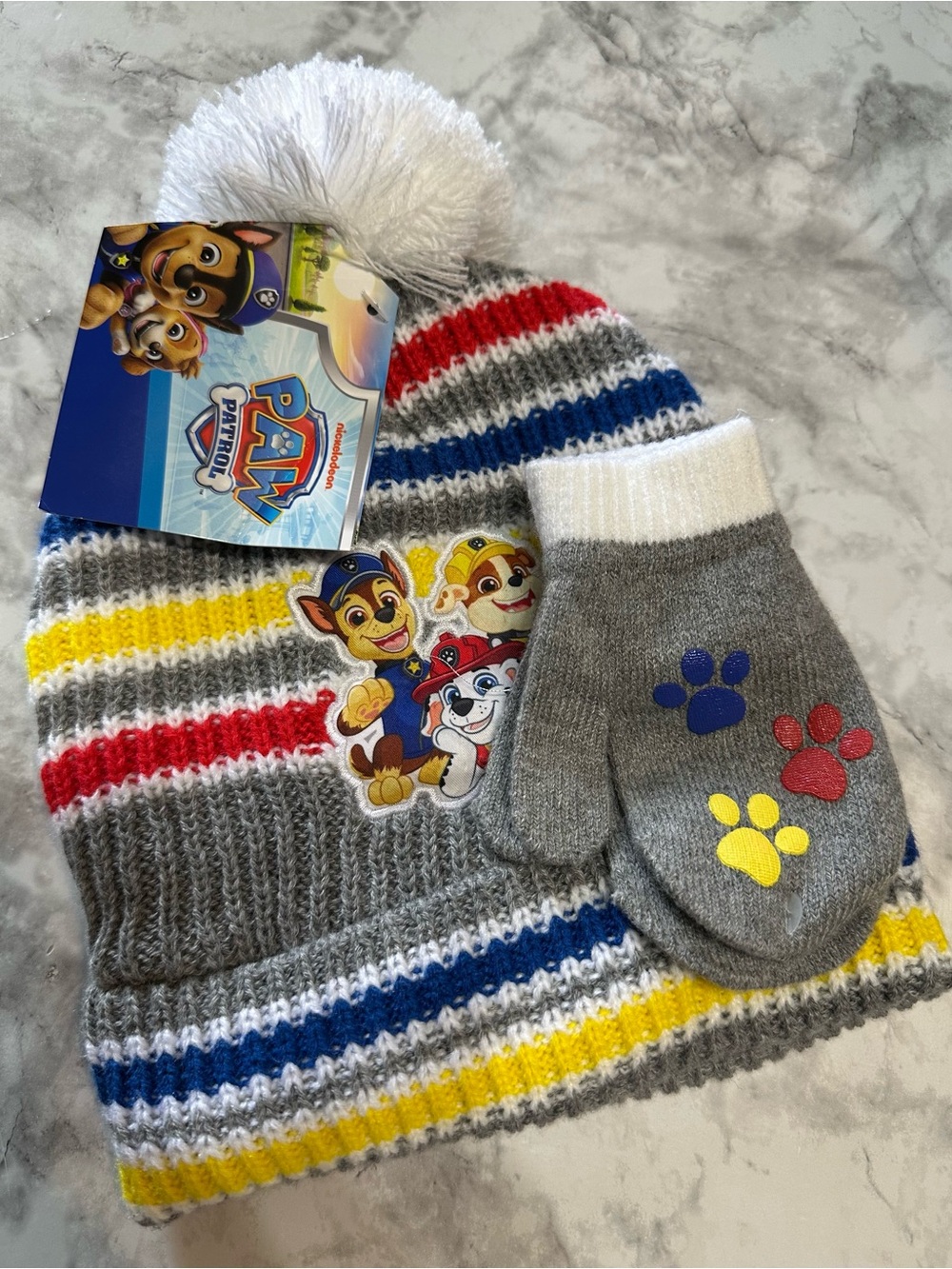 Berkshire PAW Patrol Toddler Knit Beanie Pom-Pom & Mittens Set 2pc Striped